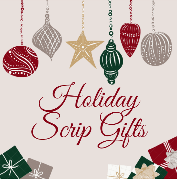 Holiday script gifts with festive ornaments and wrapped presents.